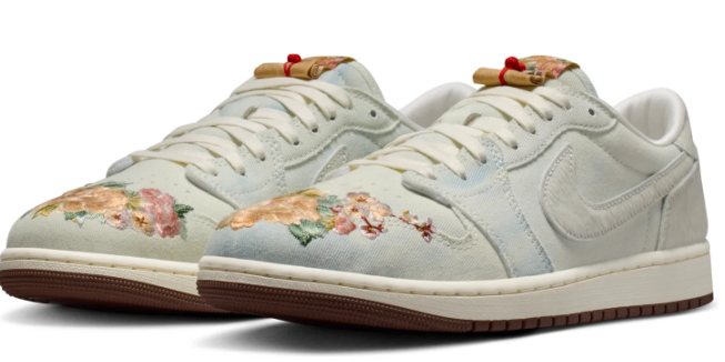 Air Jordan 1 Low Men's Sneakers – Light Grey/Cream/Brown – Floral Details